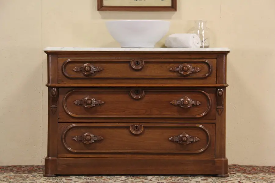Photo of Victorian 1870 Marble Top Chest or Dresser, Secret Drawer