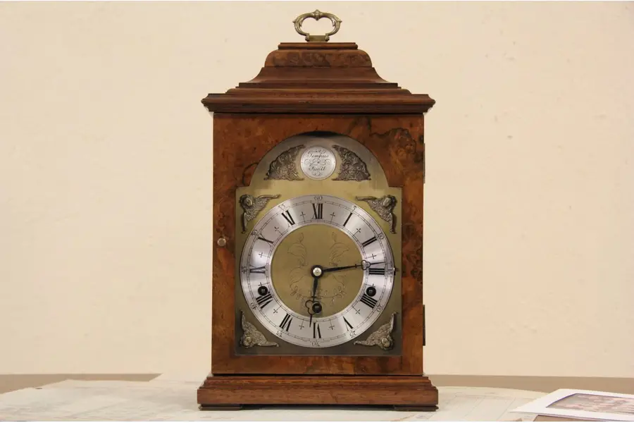 Photo of Elliott English Vintage Westminster Chime Walnut Burl Bracket Clock
