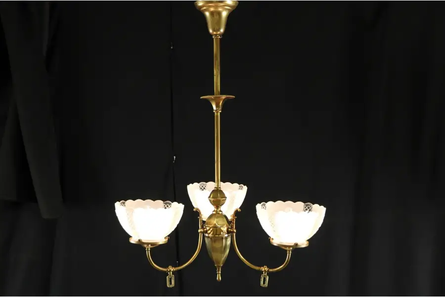 Photo of Victorian 1890's Antique 3 Light Gas Chandelier, Electrified Shades
