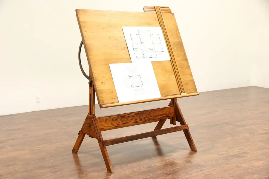 Photo of Oak & Pine Adjustable Artist Drafting Table, 1930's Vintage Signed Dietzgen