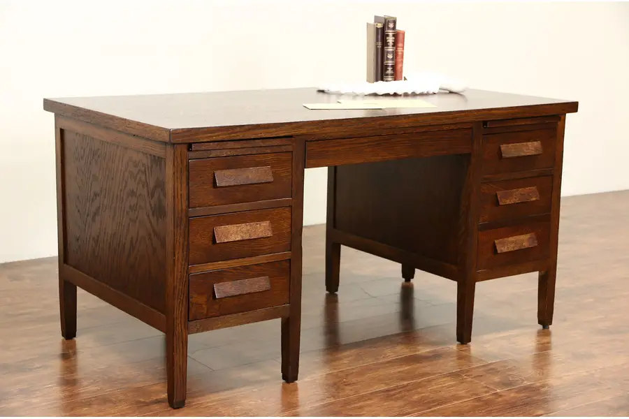 Photo of Oak Craftsman 1920's Antique Desk, File Drawer, Pull Out Shelves