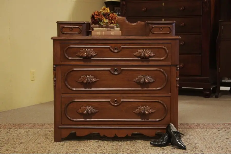 Photo of Victorian Walnut 1860's Chest Dresser, Carved Pulls