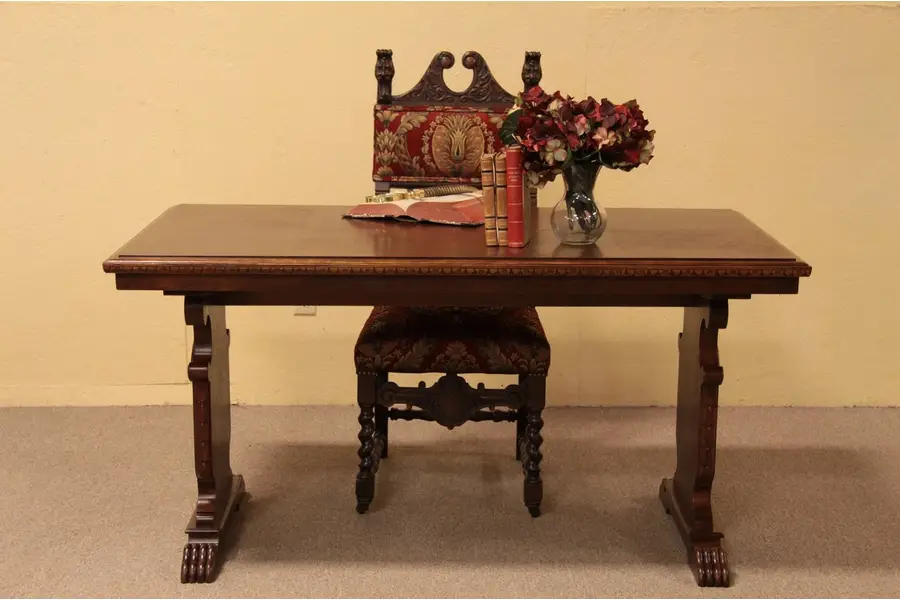 Photo of Carved Antique Oak Writing Desk or Library Table