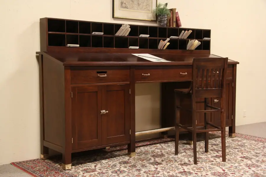 Photo of Hotel Mail Stand Up Stool Height Desk, 1900 Antique 9' Long