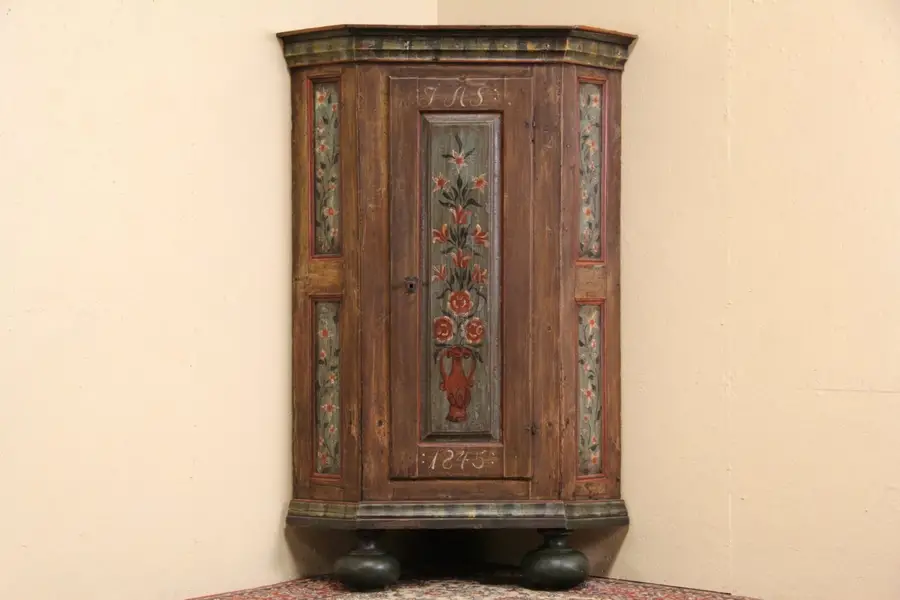 Photo of Scandinavian Hand Painted Antique Corner Cabinet, Signed 1845
