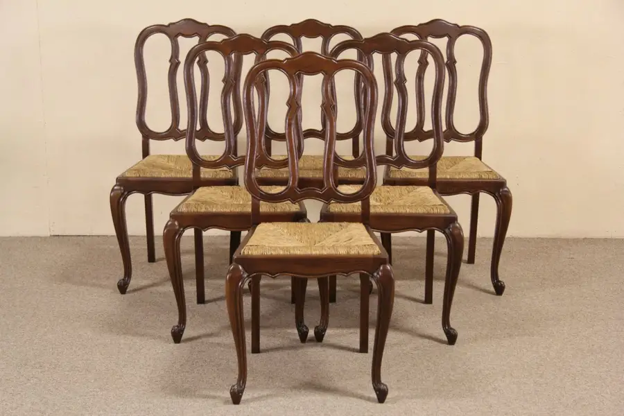 Photo of Set of 6 Country French 1920's Oak & Rush Dining Chairs