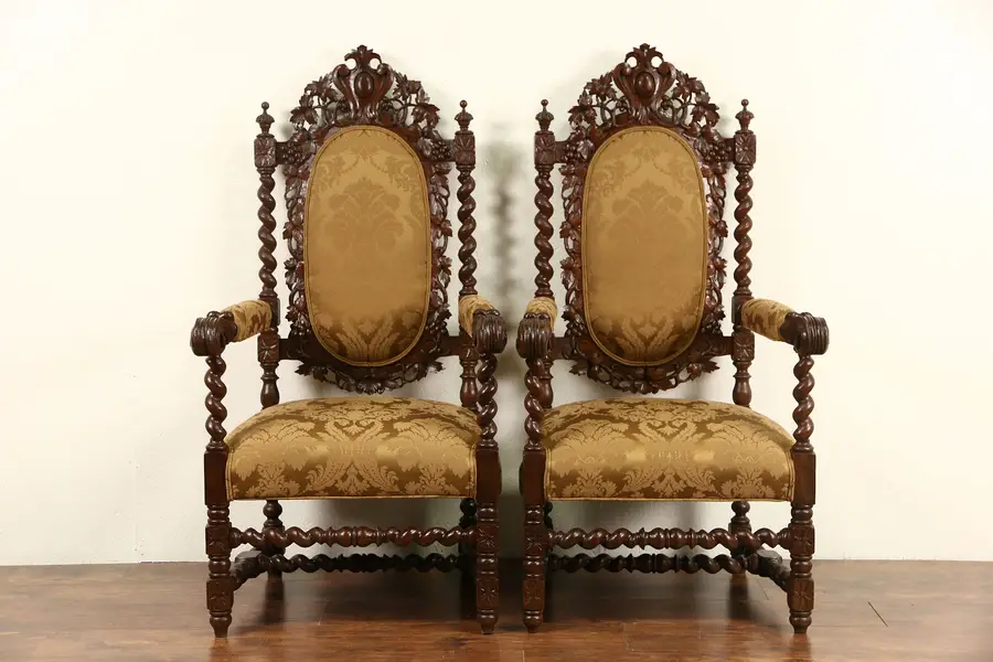 Photo of Black Forest Carved Oak 1880's Pair of Throne Chairs, New Upholstery