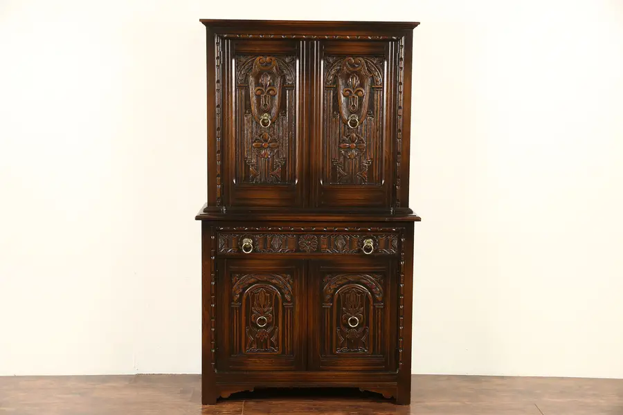 Photo of English Tudor 1925 Antique Carved Oak Bar or China Cabinet, Signed Life Time
