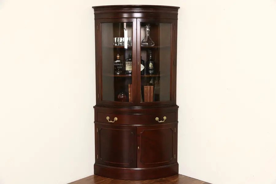 Photo of Hickory Signed Georgian Vintage Mahogany Corner Cabinet, Curved Glass Doors