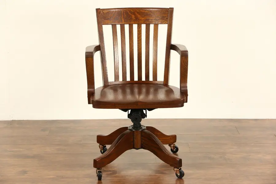 Photo of Oak Swivel Adjustable 1910 Antique Desk Chair, Signed Colonial of Chicago