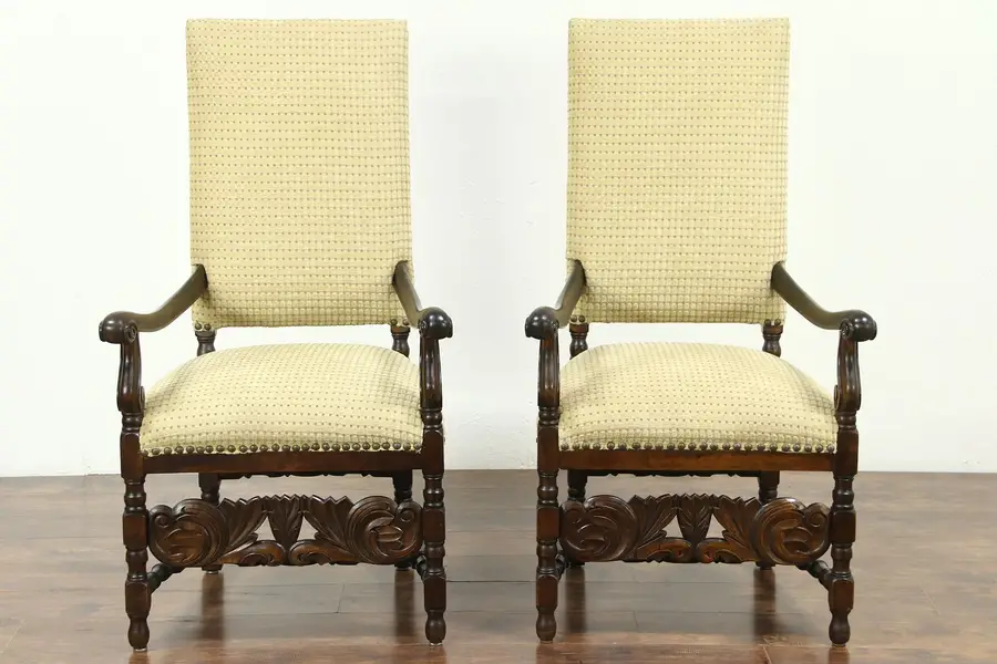 Photo of Pair of Carved Antique Hall, Throne or Host Chairs, New Upholstery