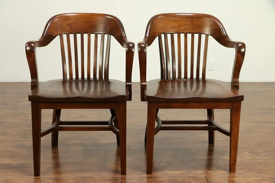 Photo of Pair of Walnut Antique Banker, Library or Office Chairs C