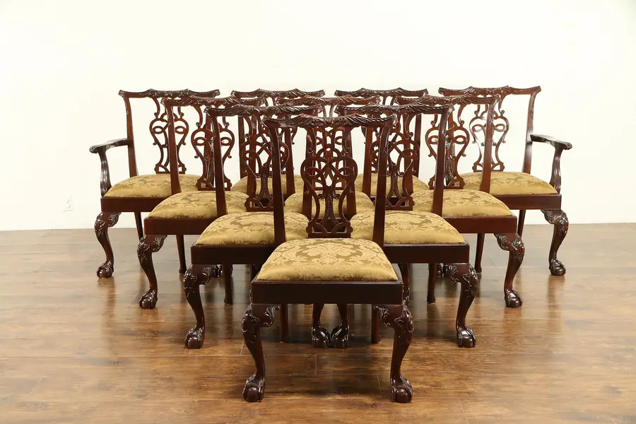 Photo of Baker Signed Set 10 Vintage Georgian Chippendale Mahogany Dining Chairs
