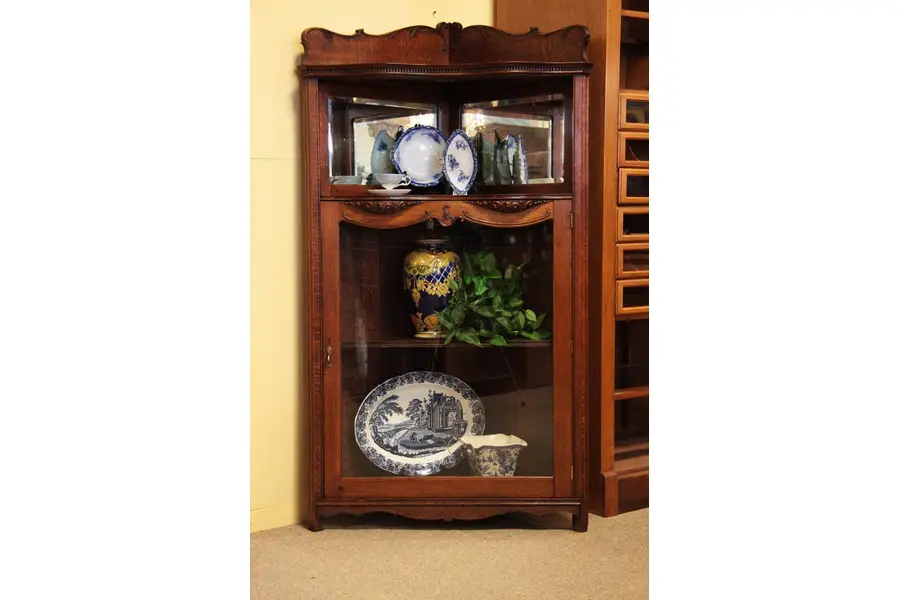 Photo of Victorian Oak Antique Corner Cabinet, Beveled Mirror