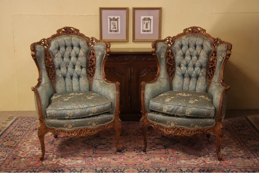 Photo of Antique Pair of Large Carved Musical Wing Chairs