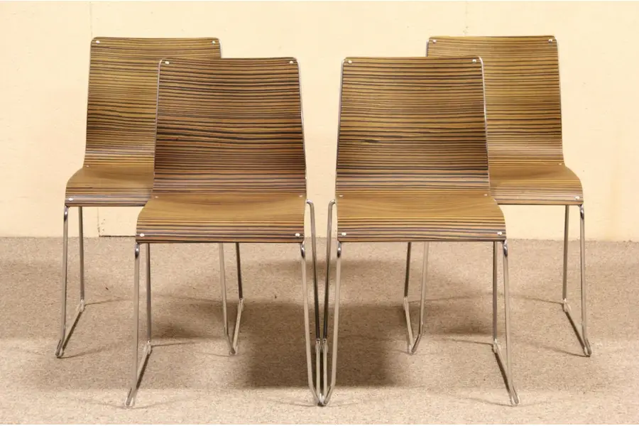Photo of Emilio Nanni for Calligaris Set of 4 Italian Zebra Wood & Chrome Dining Chairs