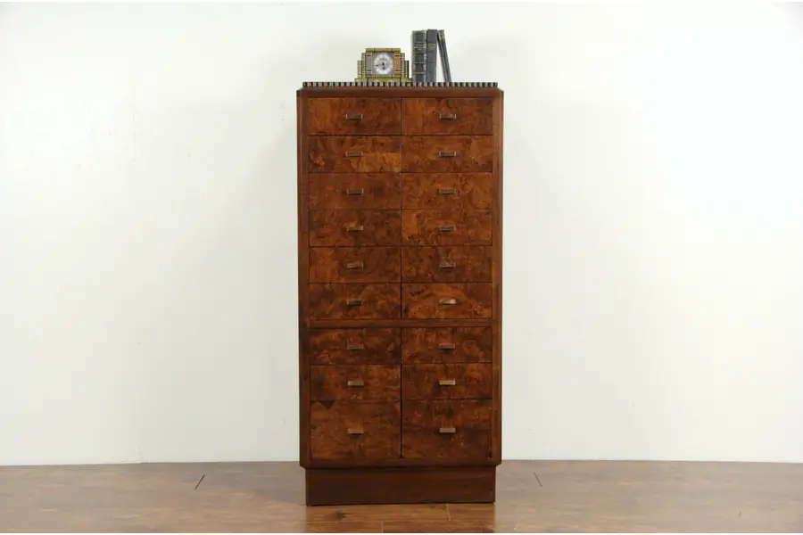 Photo of Art Deco 1925 Burl 18 Drawer File Cabinet Chest, Marshall Field Chicago