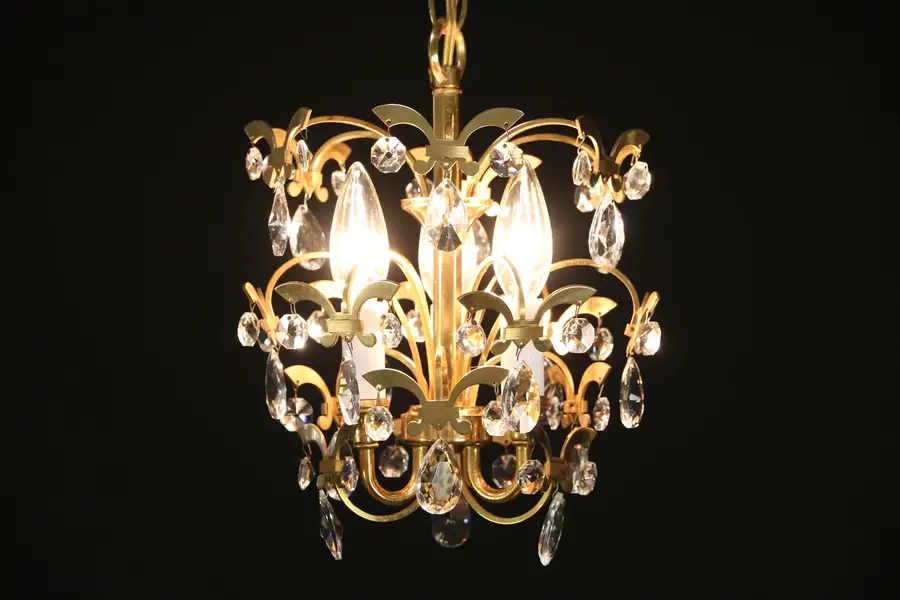 Photo of Gold 3 Light Vintage Chandelier, Cut Crystal Prisms, Bath or Hall Size, Sciolari