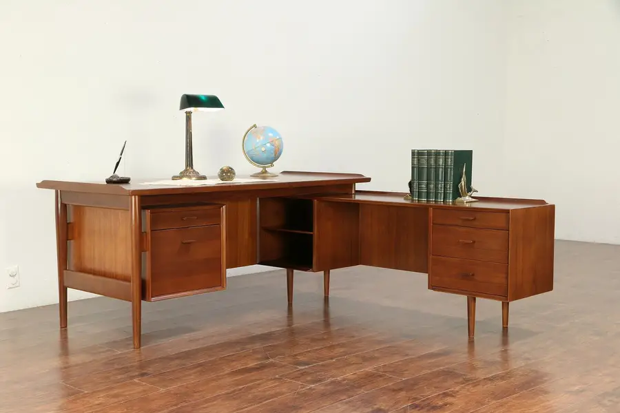 Photo of Teak Midcentury Modern L Shape Vintage Desk & Credenza Signed Denmark
