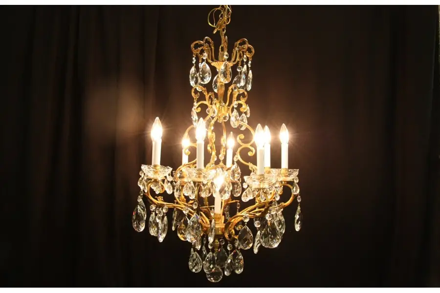 Photo of Bronze Chandelier, with Large Cut Crystal Prisms