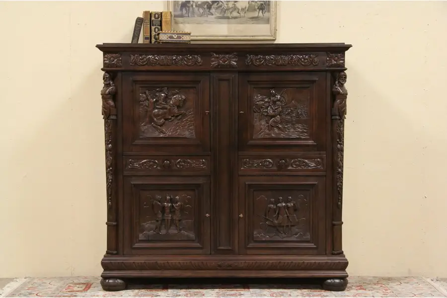 Photo of Carved Oak Cabinet, Knights and Scenic Panels