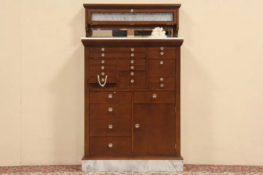 Photo of Dentist Antique 1918 Oak 20 Drawer Dental Cabinet, Marble Base