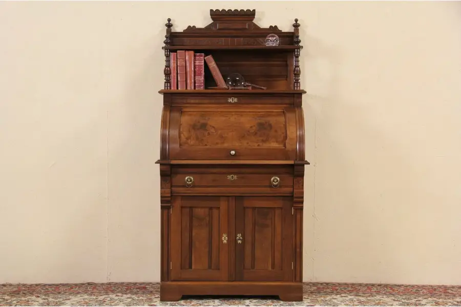Photo of Victorian Eastlake 1880 Antique Cylinder Roll Top Secretary Desk