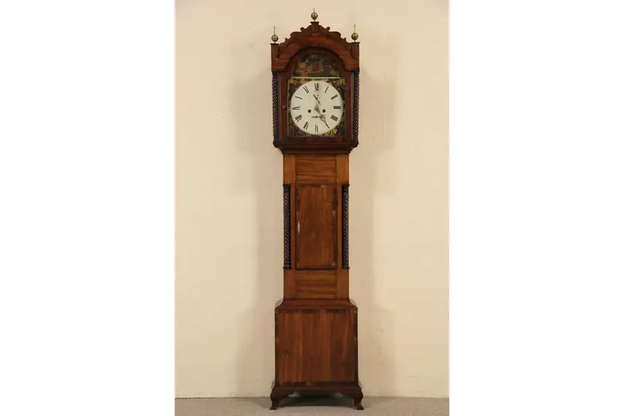 Photo of Georgian English 1780 Antique Signed Grandfather Clock, Painted 4 Elements Dial