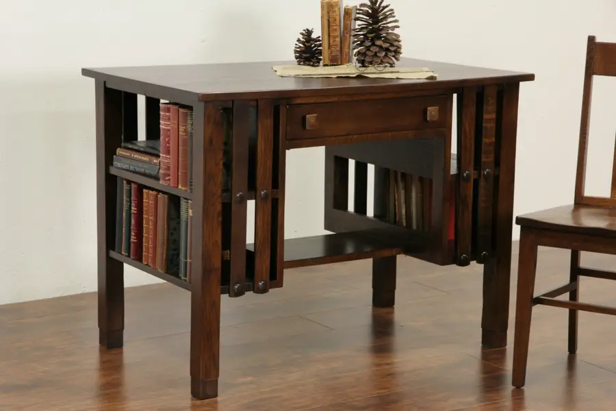 Photo of Arts & Crafts Mission Oak Antique 1910 Writing Desk, Library Table, Bookshelves