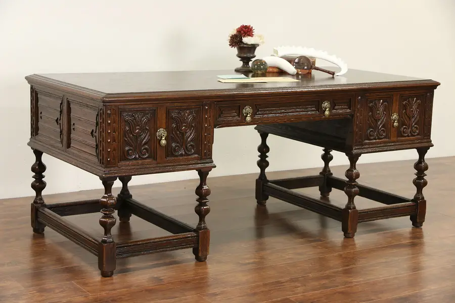 Photo of Oak Tudor Carved 1920 Antique Library or Executive Desk, Signed Royal by Irwin