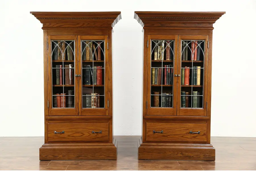 Photo of Pair 1900 Antique Oak Bookcases or Display Cabinets, Gothic Leaded Glass Doors