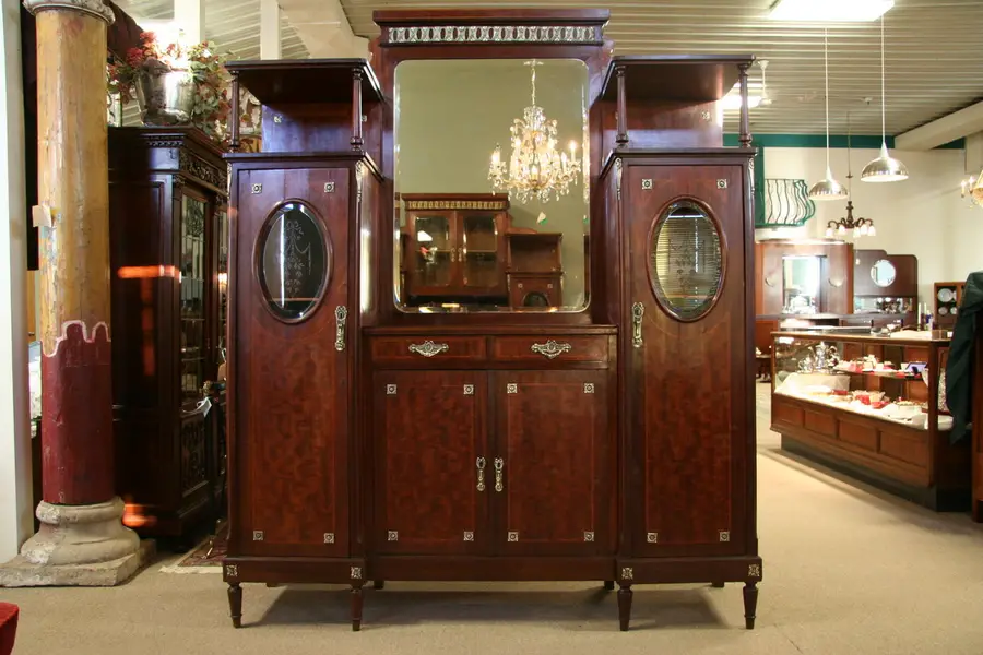 Photo of Mahogany Bar Cabinet Black Marble & Carved Glass