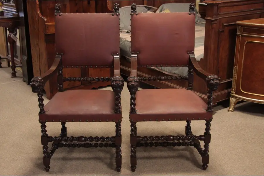 Photo of Pair of Oak Throne or Hall Chairs, Lion Heads 1900's