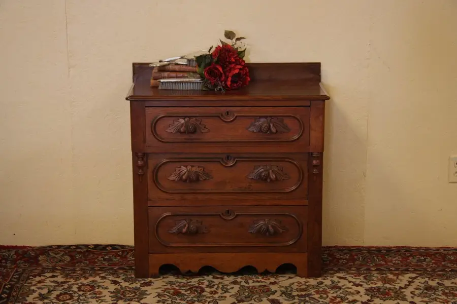 Photo of Victorian 1870 Walnut Chest or Commode, Carved Pulls