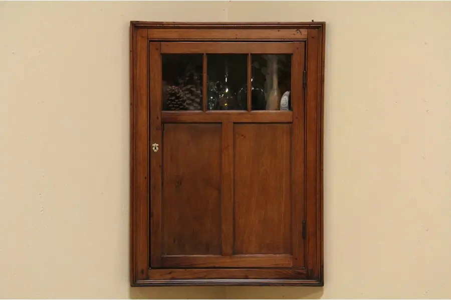 Photo of Hanging Antique 1850 Corner Cupboard, Wavy Glass