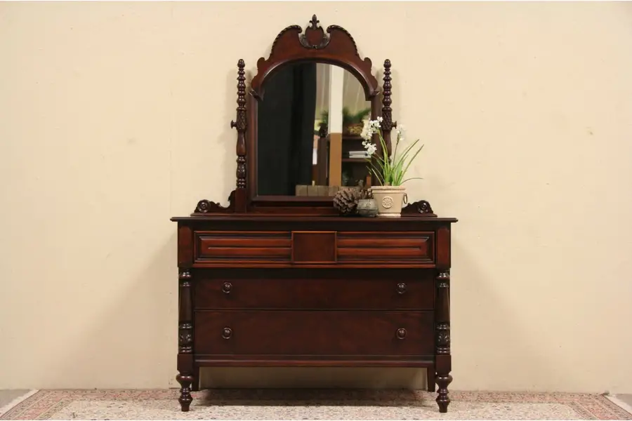 Photo of Sligh 1925 English Tudor Dresser or Chest & Mirror