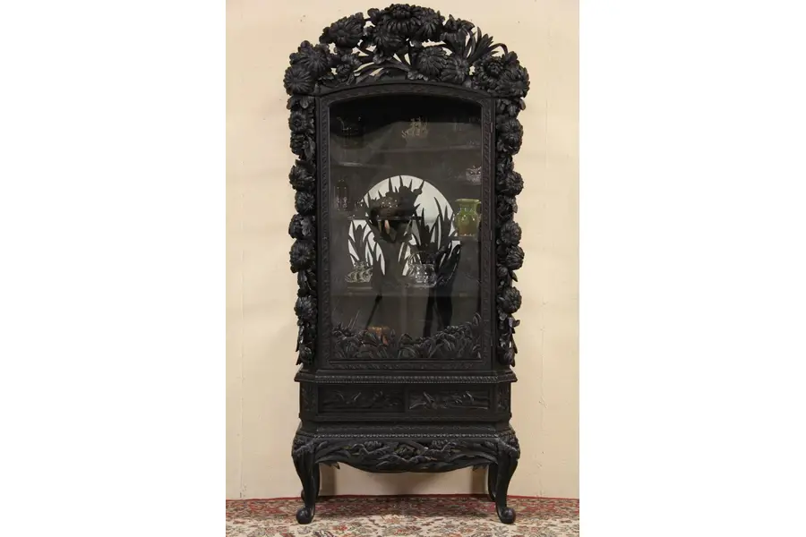 Photo of Japanese 1920's Carved Lacquer Curio China Display Cabinet
