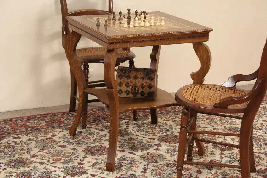 Photo of Oak 1900 Antique Chess or Checker Board Inlaid Game Table