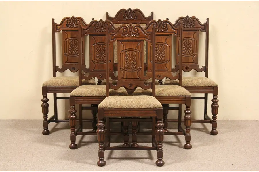 Photo of Set of 6 Oak Antique 1925 Tudor Dining Chairs