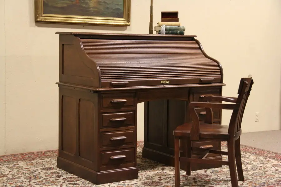 Oak 1900 Antique Paneled S Curve Roll Top Desk, File Drawer