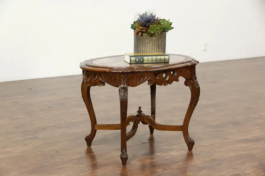 Photo of Oval Carved 1930 Vintage Walnut Coffee Table, Tennessee Red Marble Top