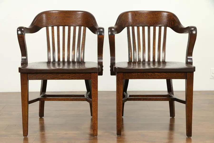 Photo of Pair of Antique Quarter Sawn Oak Banker, Office or Library Chairs, Klode