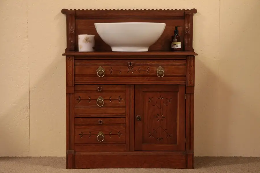 Photo of Victorian Eastlake Spoon Carved Oak Chest or Commode