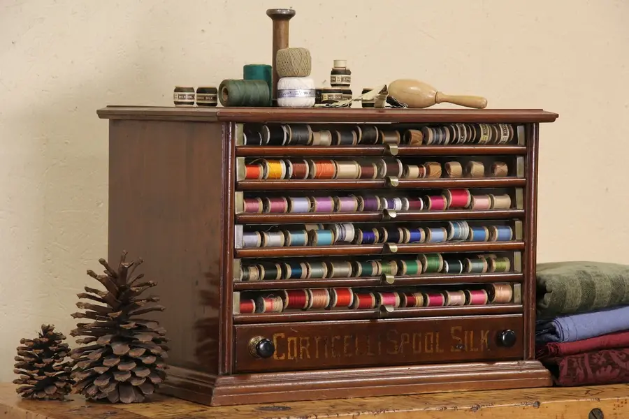 Corticelli Silk Thread 6 Drawer 1880 Spool Cabinet, Jewelry Chest