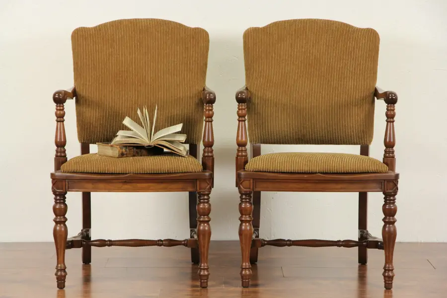 Pair of 1915 Antique Walnut Lawyer Chairs w/ Arms, New Upholstery, No. 2