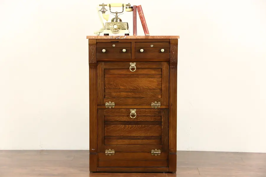 Photo of Oak 1890 Antique Barber Shop Cabinet or Nightstand, Marble Top