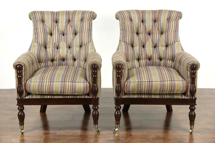 Photo of Pair Kravet Signed Tufted Chairs, Hand Made, Brass Wheels