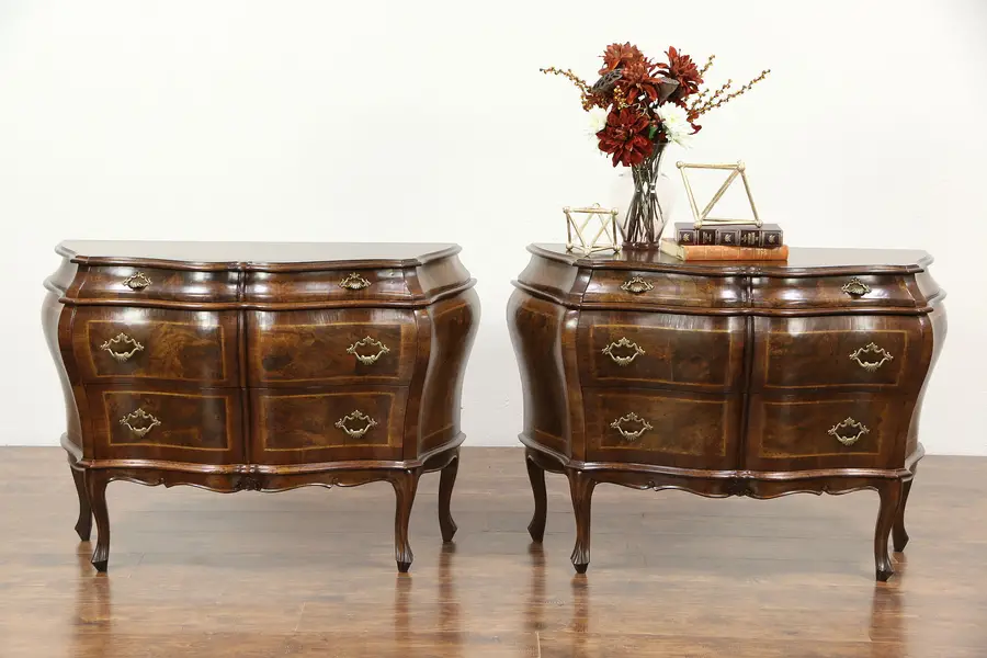 Photo of Pair Italian Vintage Olivewood Bombe Chests or Commodes