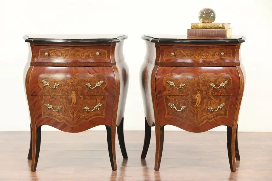 Photo of Pair Bombe Angel or Cherub Marquetry Small Chests or Nightstands, Italy