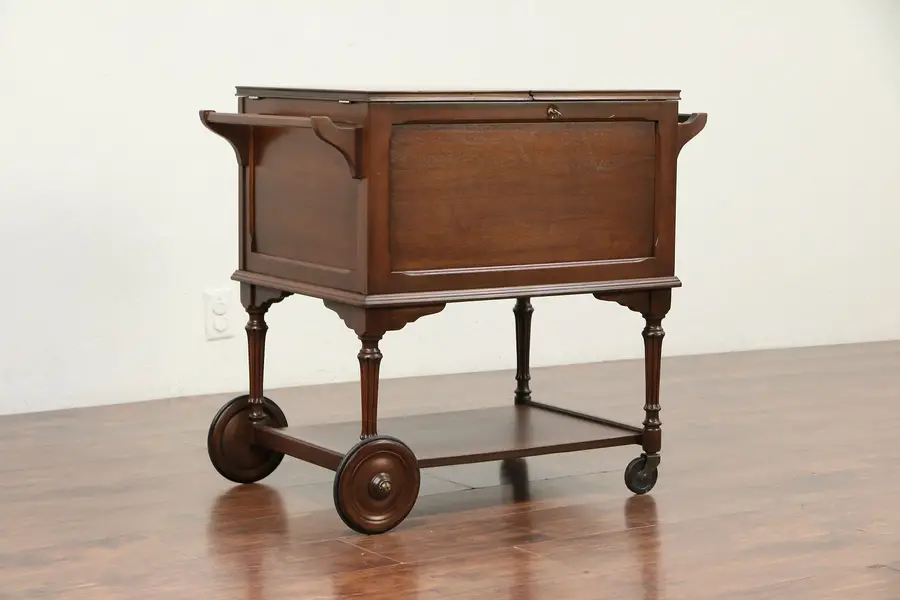 Photo of Rolling Bar Beverage Cart, 1940's Vintage Walnut, Locking Lid